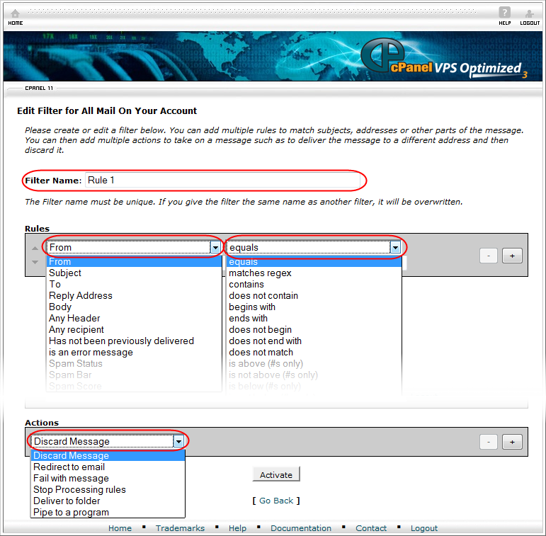 cPanel E-mail Filter View and Options