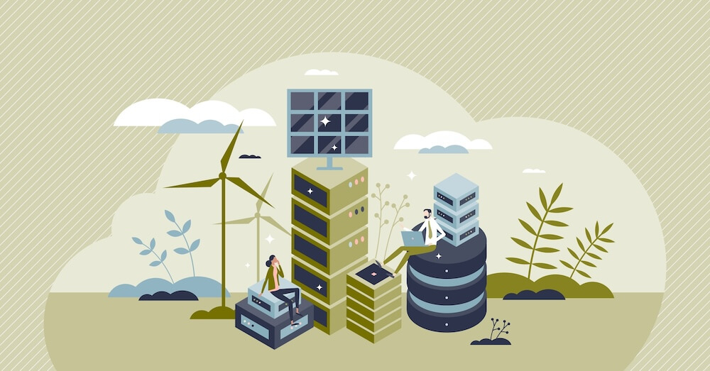 Illustration of green hosting with wind turbines, solar panels, and servers surrounded by plants, representing sustainable and renewable energy-powered cloud infrastructure