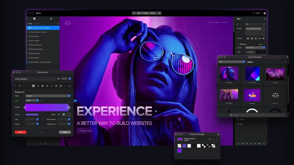 A website design interface showing a purple-themed webpage with a woman in sunglasses. Text: "EXPERIENCE A BETTER WAY TO BUILD WEBSITES."