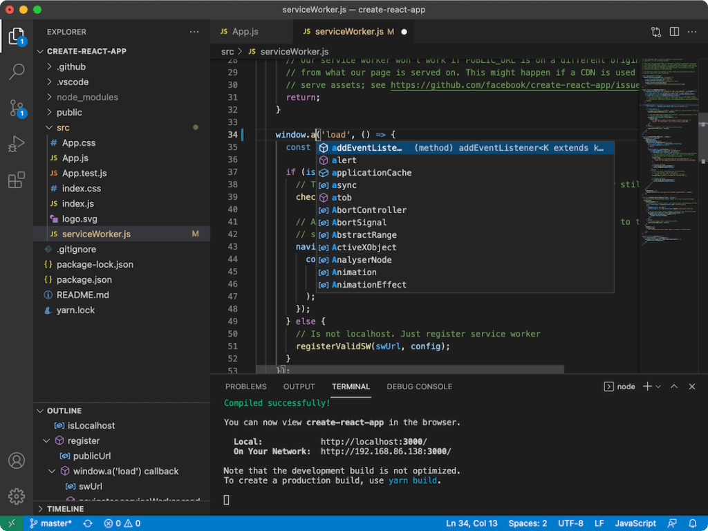 Visual Studio Code interface showing JavaScript code in "serviceWorker.js" with an autocomplete suggestion for "addEventListener." Terminal displays "Compiled successfully!"