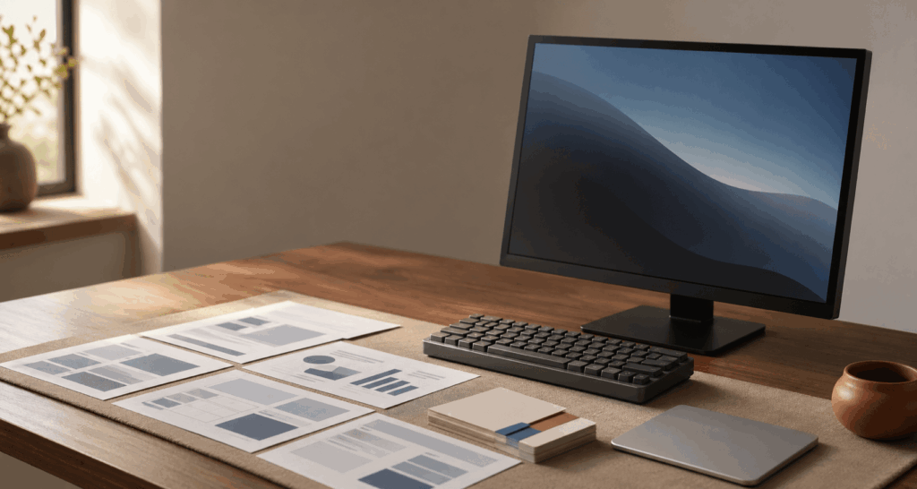 Computer monitor and keyboard on a wooden desk with printed documents, a touchpad, and a small clay pot.