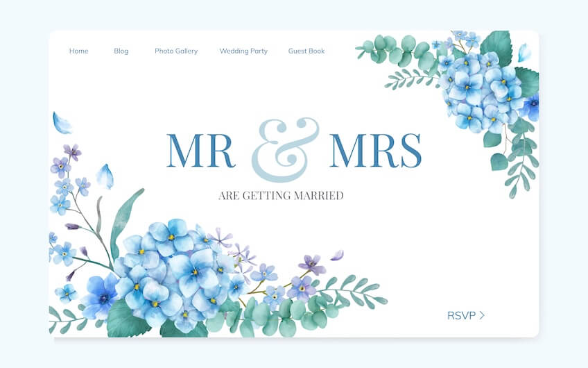 Wedding invitation design with blue flowers and greenery. Text reads: "MR & MRS ARE GETTING MARRIED." Navigation includes Home, Blog, Photo Gallery, Wedding Party, Guest Book, RSVP.