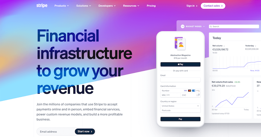Stripe website homepage featuring text "Financial infrastructure to grow your revenue" with payment form and financial graphs on the right.