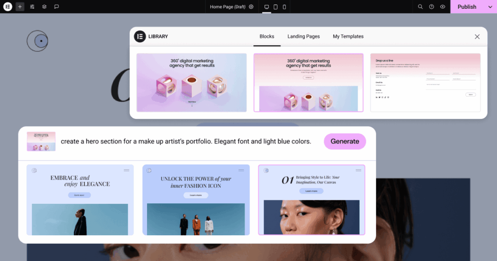 Website design interface showing template library and hero section creation for a makeup artist's portfolio. Text includes "EMBRACE and enjoy ELEGANCE."