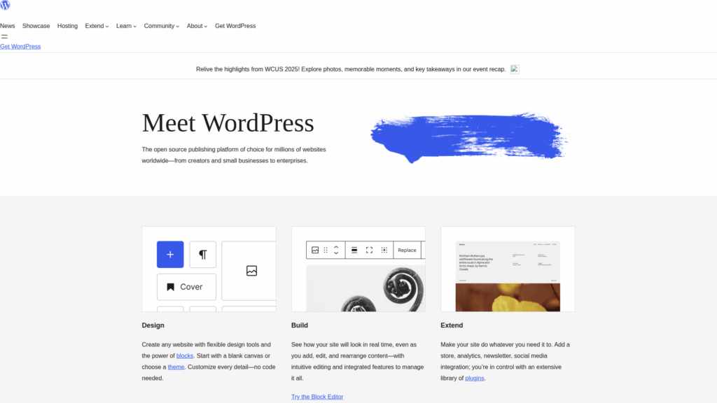 "Meet WordPress" webpage highlighting features: Design, Build, Extend. Includes text: "The open source publishing platform of choice for millions of websites worldwide."