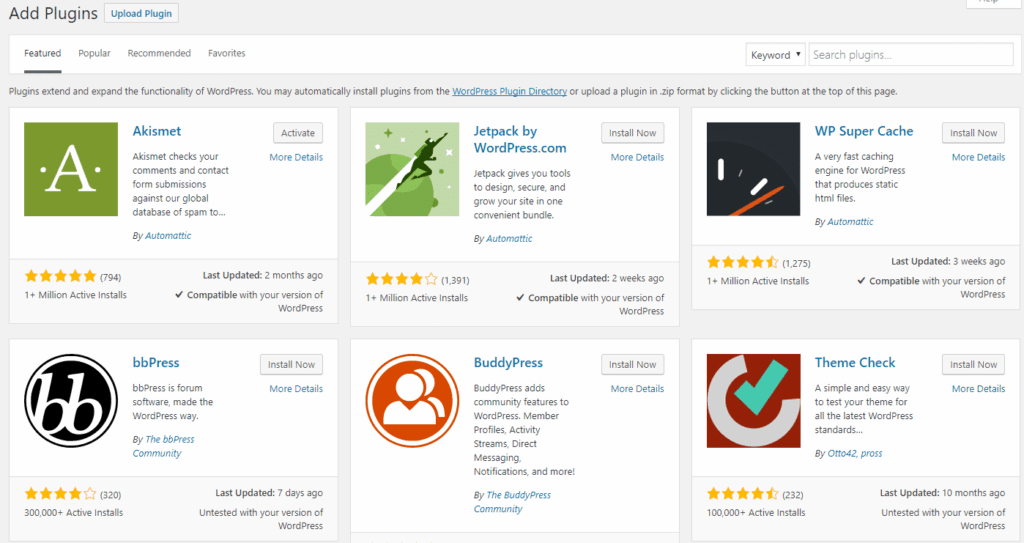 WordPress plugin directory showing options like Akismet, Jetpack, WP Super Cache, bbPress, BuddyPress, and Theme Check with ratings and install buttons.