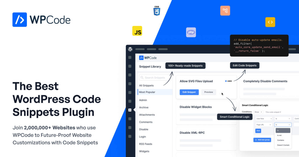 WPCode plugin interface showcasing features like "Allow SVG Files Upload," "Disable Widget Blocks," and "Smart Conditional Logic." Text: "The Best WordPress Code Snippets Plugin."