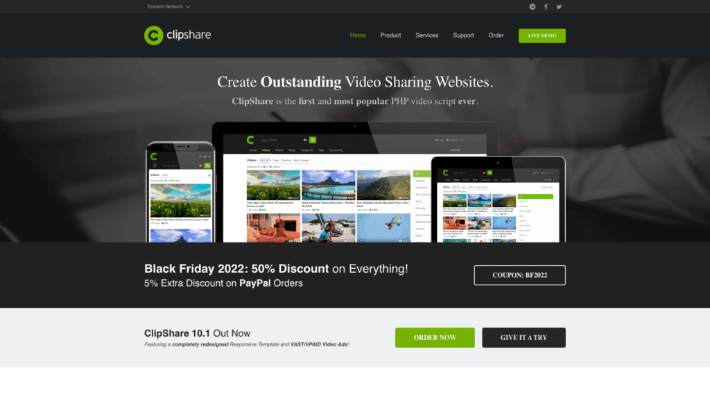 ClickCastX 5.0 adult content management software homepage with features, awards, and contact information. Text: "Welcome to ClickcastX 5.0."