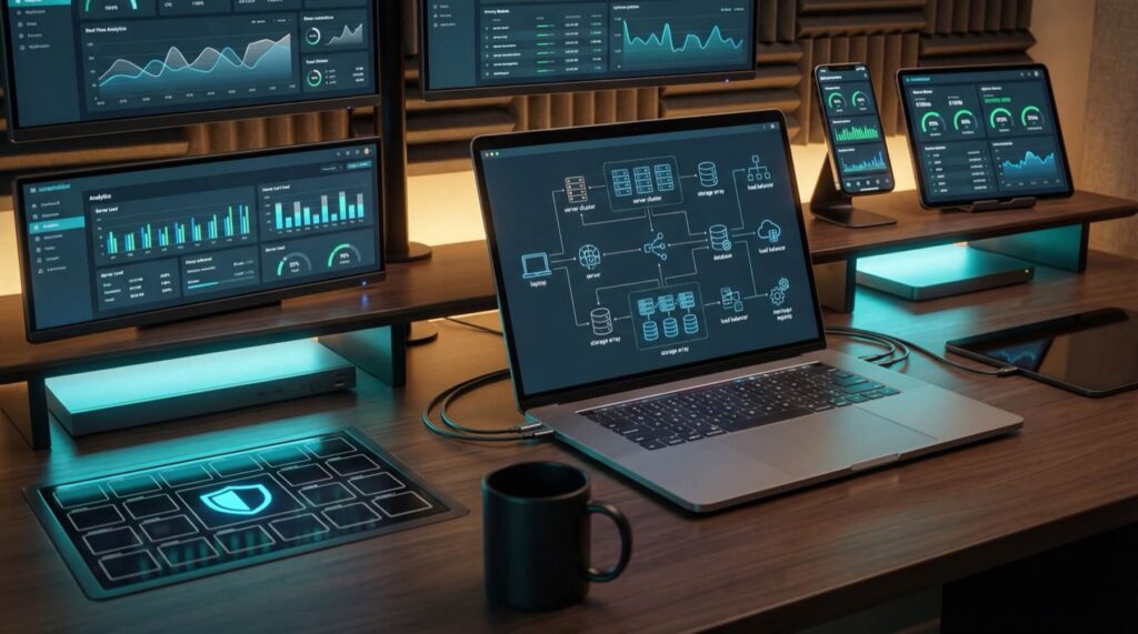 Multiple screens display data analytics and network diagrams on a desk, including a laptop, tablet, and smartphone.