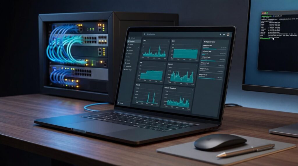 Laptop displaying system monitoring dashboard next to a server rack with network cables and a monitor showing terminal commands.