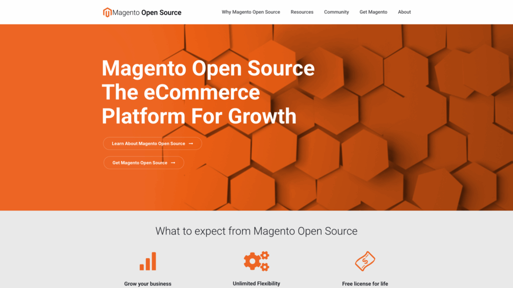 Magento Open Source homepage with orange hexagonal background, text "The eCommerce Platform For Growth," and buttons for learning and getting Magento.