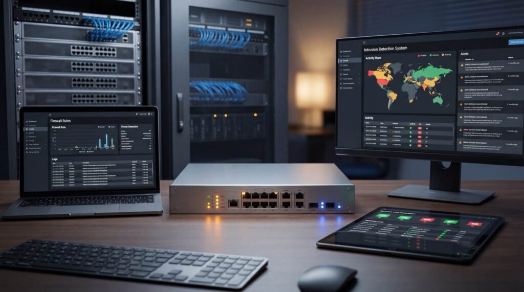 Laptop, monitor, and tablet display network security interfaces in a server room with racks and cables in the background.