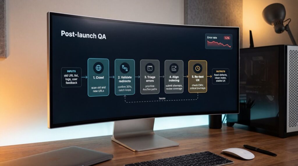 Curved monitor displaying a post-launch QA process flowchart with steps: Crawl, Validate redirects, Triage errors, Align indexing, Re-test UX.