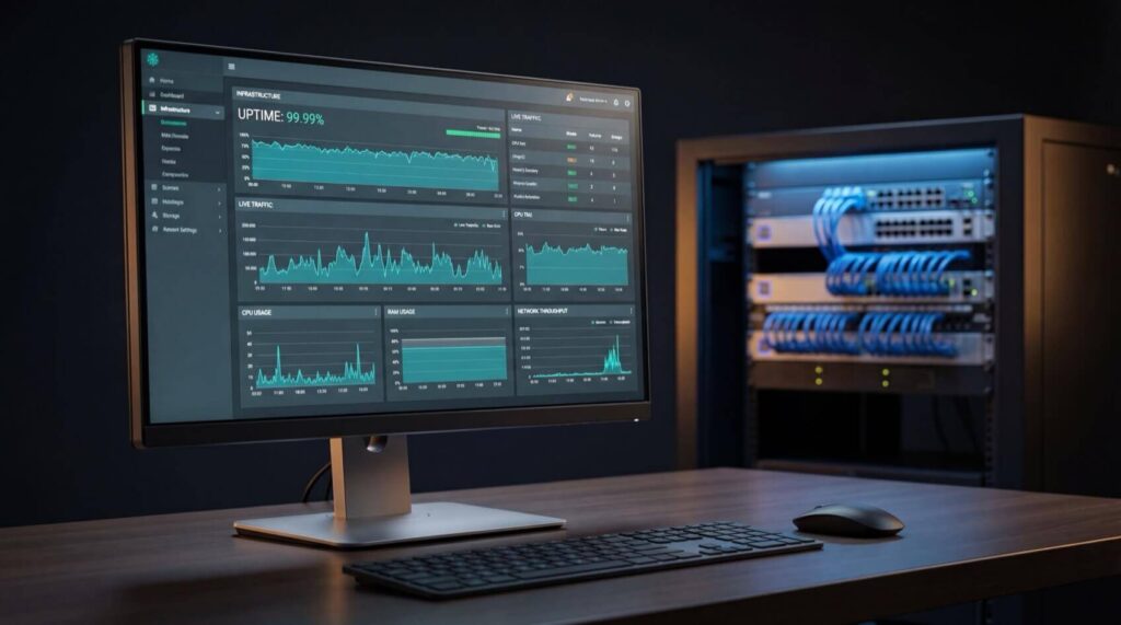 Computer monitor displaying server performance metrics with graphs and "Uptime: 99.99%," next to a server rack with cables.