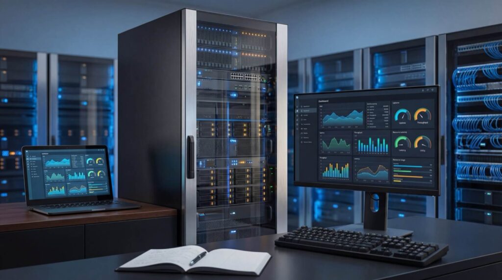 Server room with a central server rack, a laptop, and a monitor displaying analytics dashboards, surrounded by blue-lit equipment.