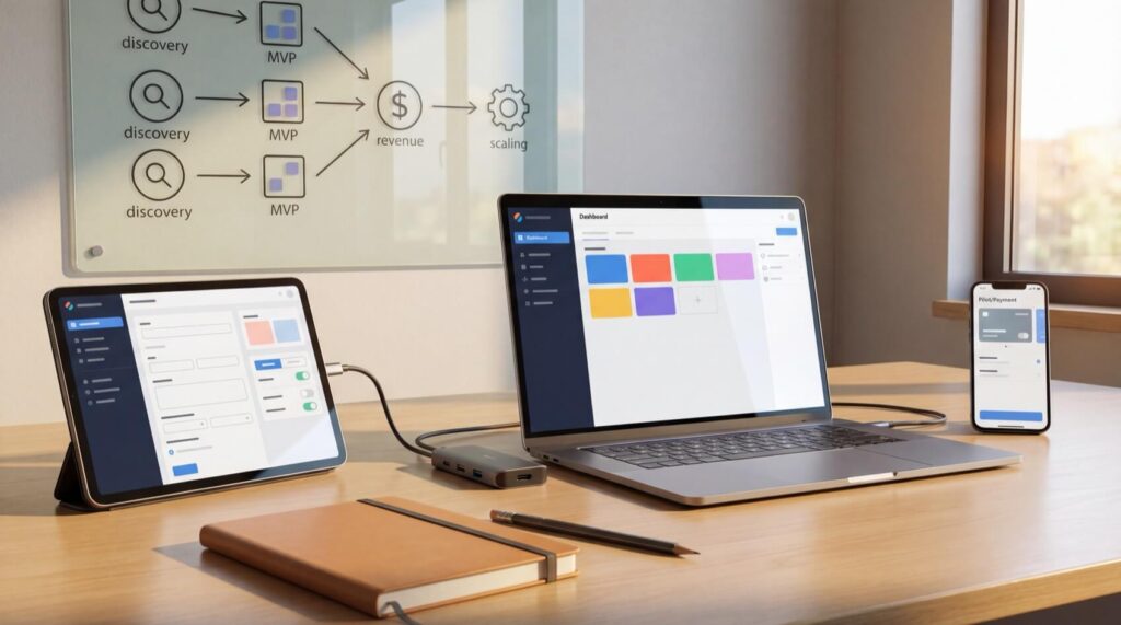 Tablet, laptop, and smartphone displaying dashboards on a wooden desk, with a flowchart on the glass board behind.