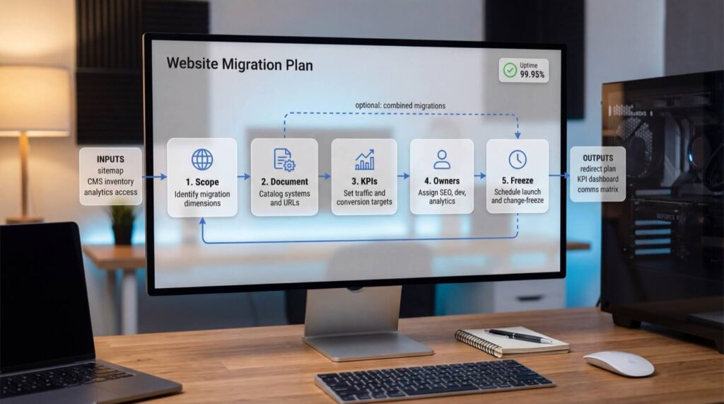 Computer screen displaying a "Website Migration Plan" with five steps: Scope, Document, KPIs, Owners, Freeze. Inputs and outputs listed.