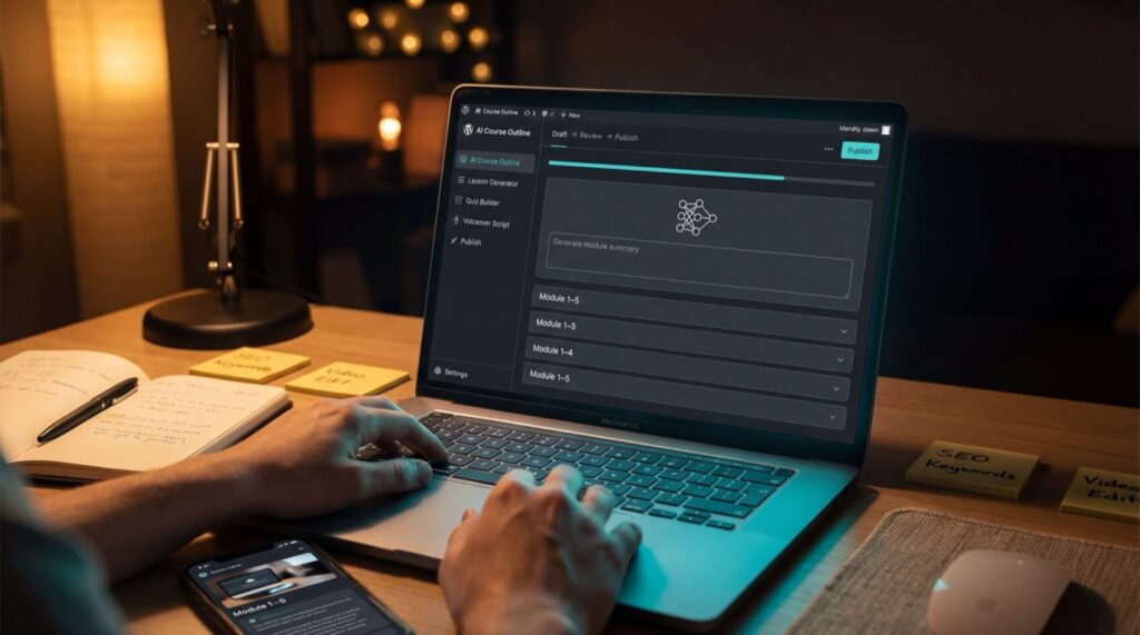 Person using a laptop with course outline software, surrounded by notes and a smartphone displaying related content.