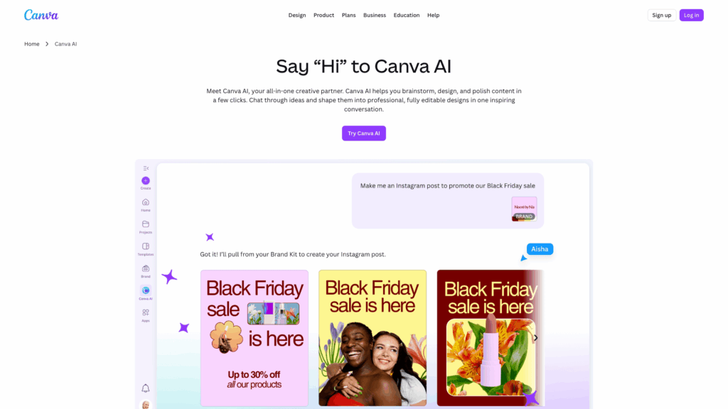 Canva AI webpage showing a prompt for creating an Instagram post. Includes "Black Friday sale is here" templates and a "Try Canva AI" button.