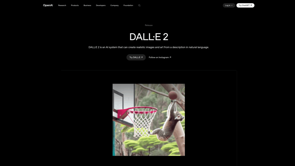 OpenAI website showcasing DALL·E 2, with a sloth hanging from a basketball hoop. Text: "DALL·E 2 is an AI system..."
