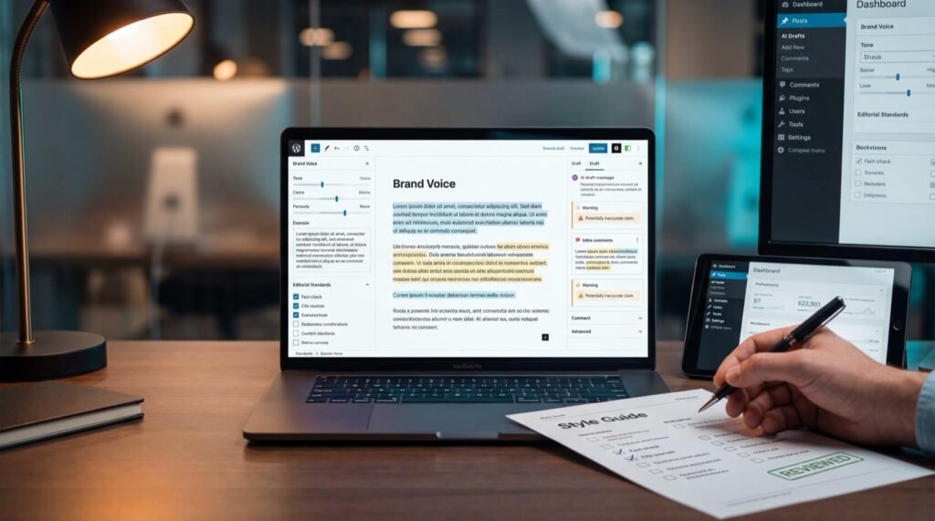 Laptop displaying a content management system interface with "Brand Voice" text, surrounded by style guide documents and digital devices.