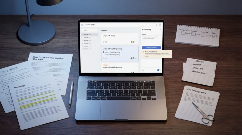 Laptop displaying course builder software on a desk with notes, papers, a pen, and scissors. Text includes "How To Create Your Landing Blog Post" and "Transcript."