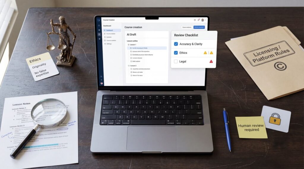Laptop displaying course creation software with review checklist, surrounded by notes, magnifying glass, and legal documents.