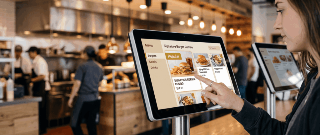 Person using a touchscreen kiosk to order food in a restaurant. Screen displays menu options like "Signature Burger Combo."