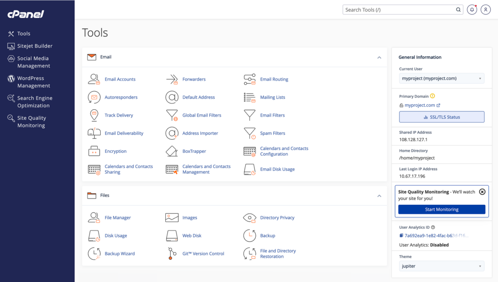 cPanel interface showing email and file management tools, with options like Email Accounts, File Manager, and Site Quality Monitoring.