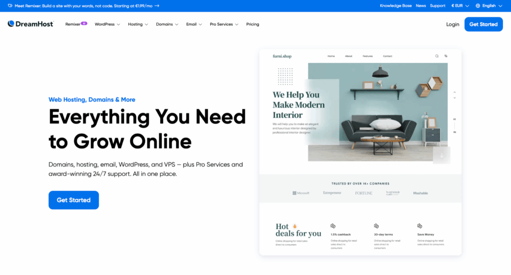 DreamHost webpage offering web hosting, domains, and more. Features a "Get Started" button and interior design website example.