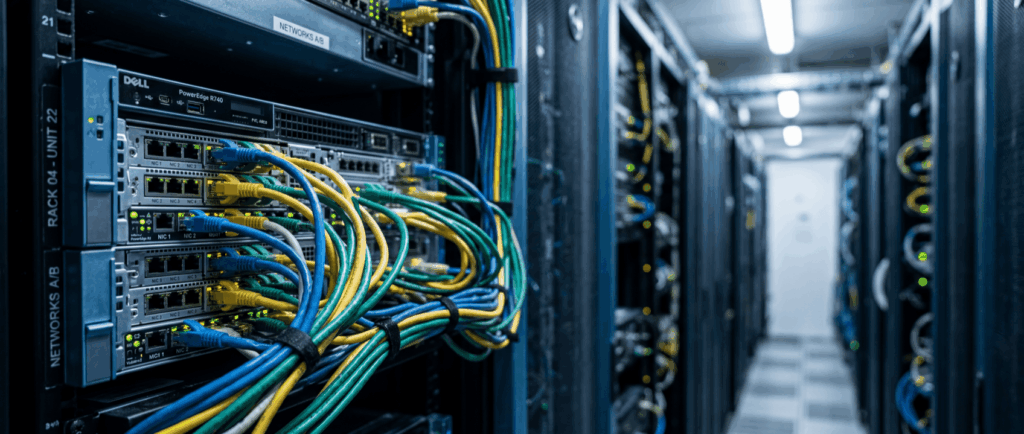 Server room with racks of network equipment, including Dell PowerEdge R240, connected by colorful Ethernet cables.