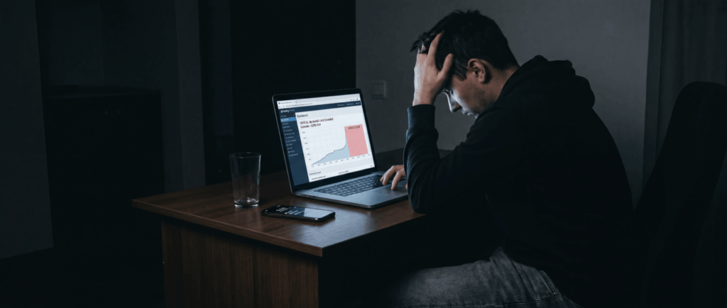 Man sitting at a desk, looking stressed while viewing a declining graph on a laptop screen in a dimly lit room.