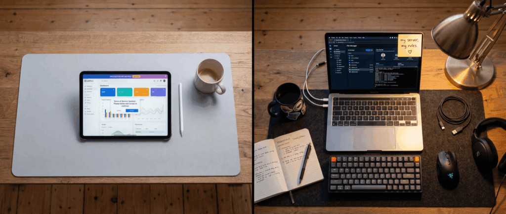 Tablet displaying analytics and coffee on left; laptop with code, notebook, and accessories on right, on wooden desks.