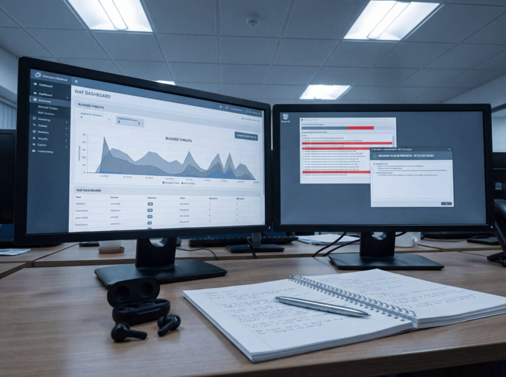 Two computer monitors display a WAF dashboard and malware alerts. A notebook, pen, and earbuds are on the desk.