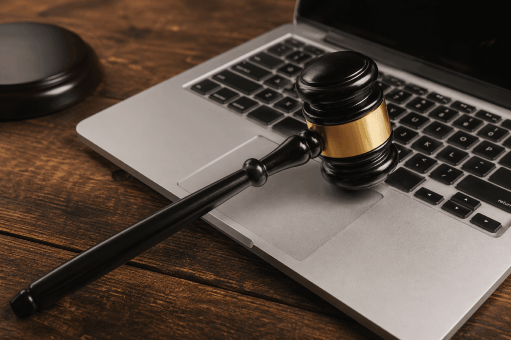 A judge's gavel rests on a laptop keyboard, symbolizing the intersection of law and technology on a wooden desk.