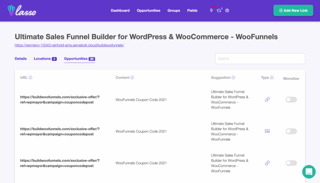 Dashboard interface for Lasso showing links related to WooFunnels, with options for URL, content, suggestion, type, and monetization.