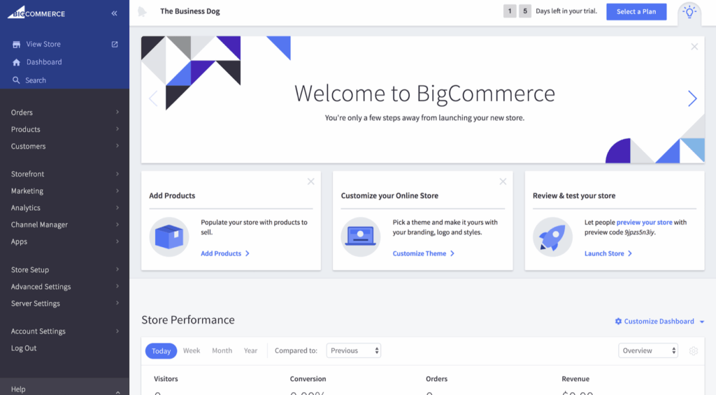 BigCommerce dashboard interface showing options to add products, customize store, and review store with performance metrics and navigation menu.