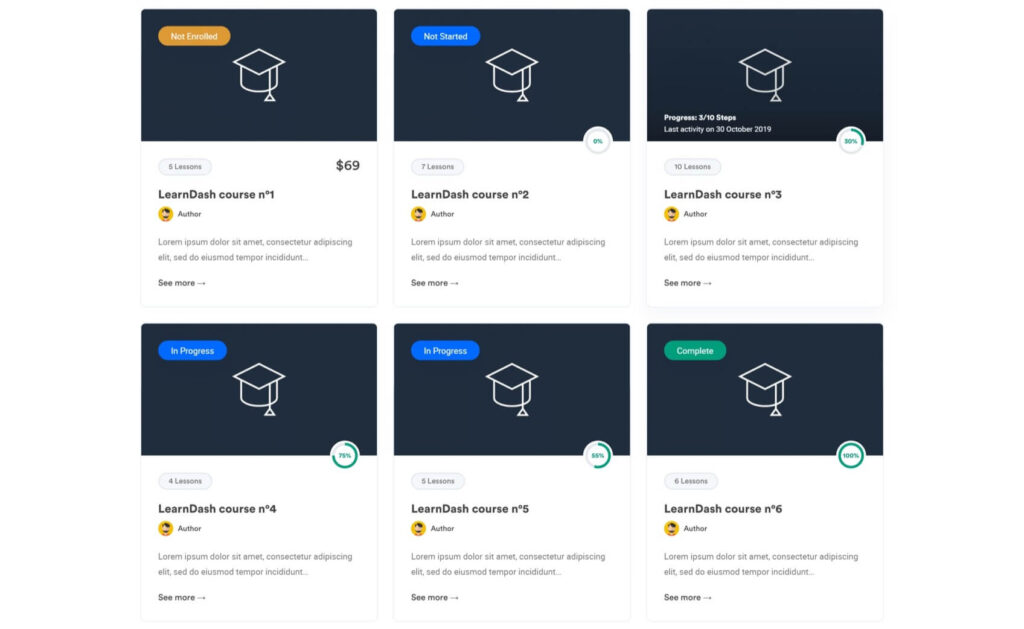 Grid of six LearnDash course cards showing status, lessons, progress, and price. Courses labeled "Not Enrolled," "Not Started," "In Progress," and "Complete."