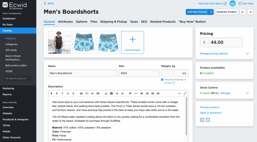Ecwid store management interface displaying men's boardshorts product details, images, pricing at $44.00, and description text.