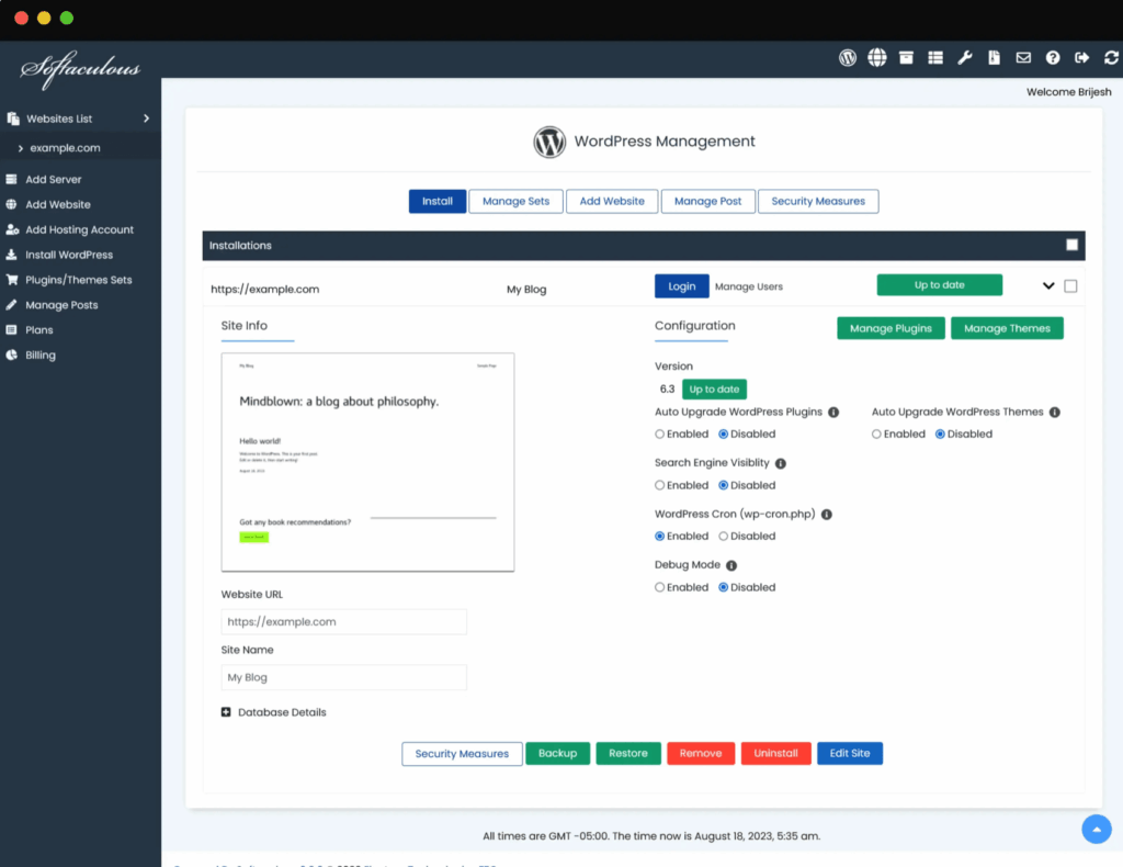 Softaculous WordPress Management dashboard displaying site information, configuration settings, and options for managing plugins, themes, and security measures.