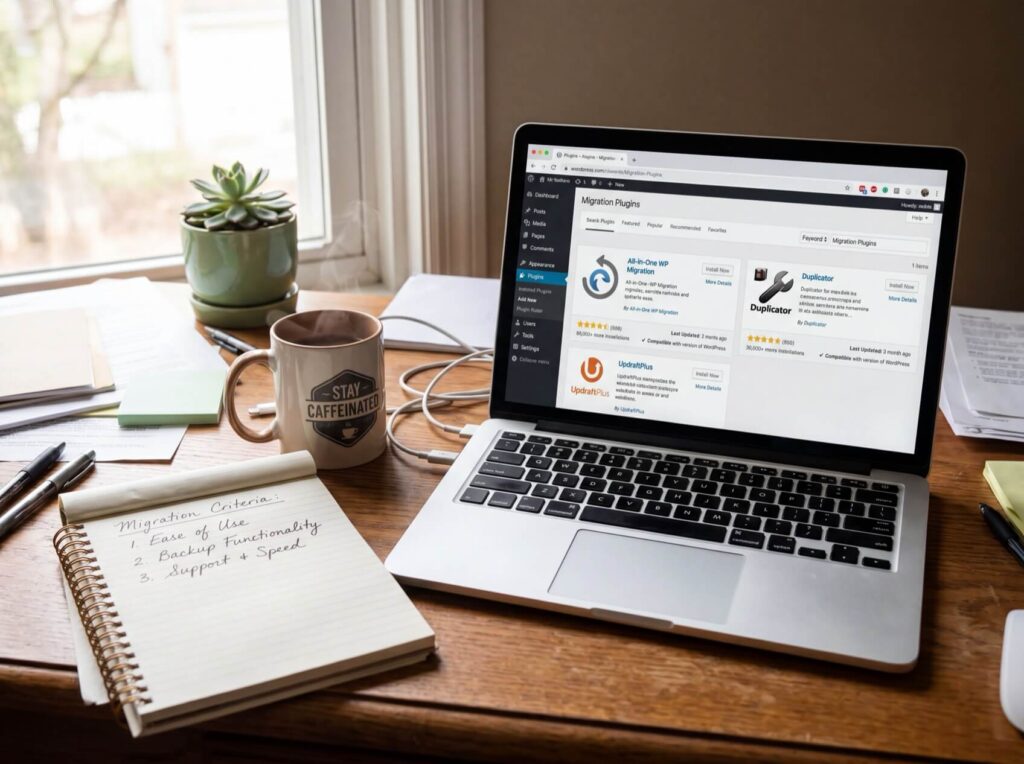 Laptop displaying WordPress migration plugins, beside a notebook listing migration criteria and a mug labeled "Stay Caffeinated."