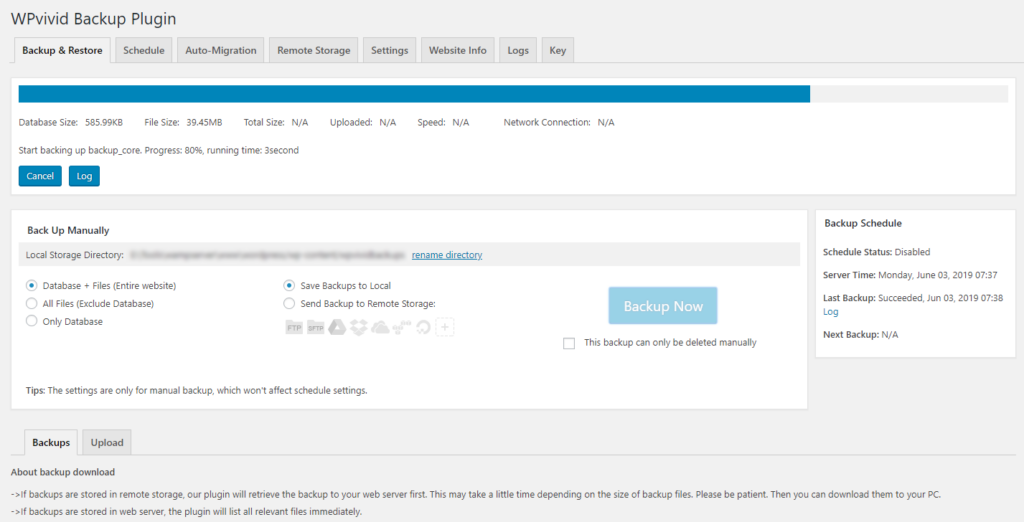 WPvivid Backup Plugin interface showing backup progress at 80%, options for manual backup, and backup schedule details.