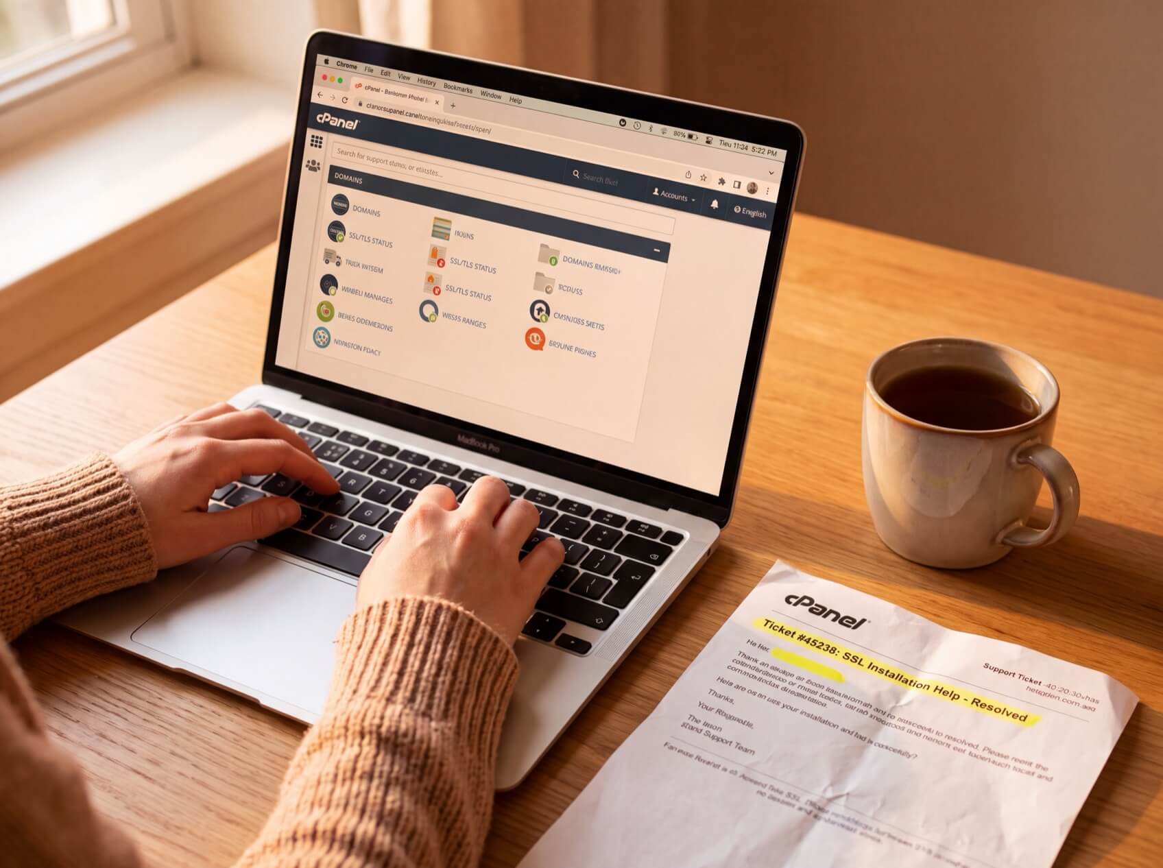 Hands typing on a laptop displaying cPanel interface, next to a cup of tea and a printed support ticket.