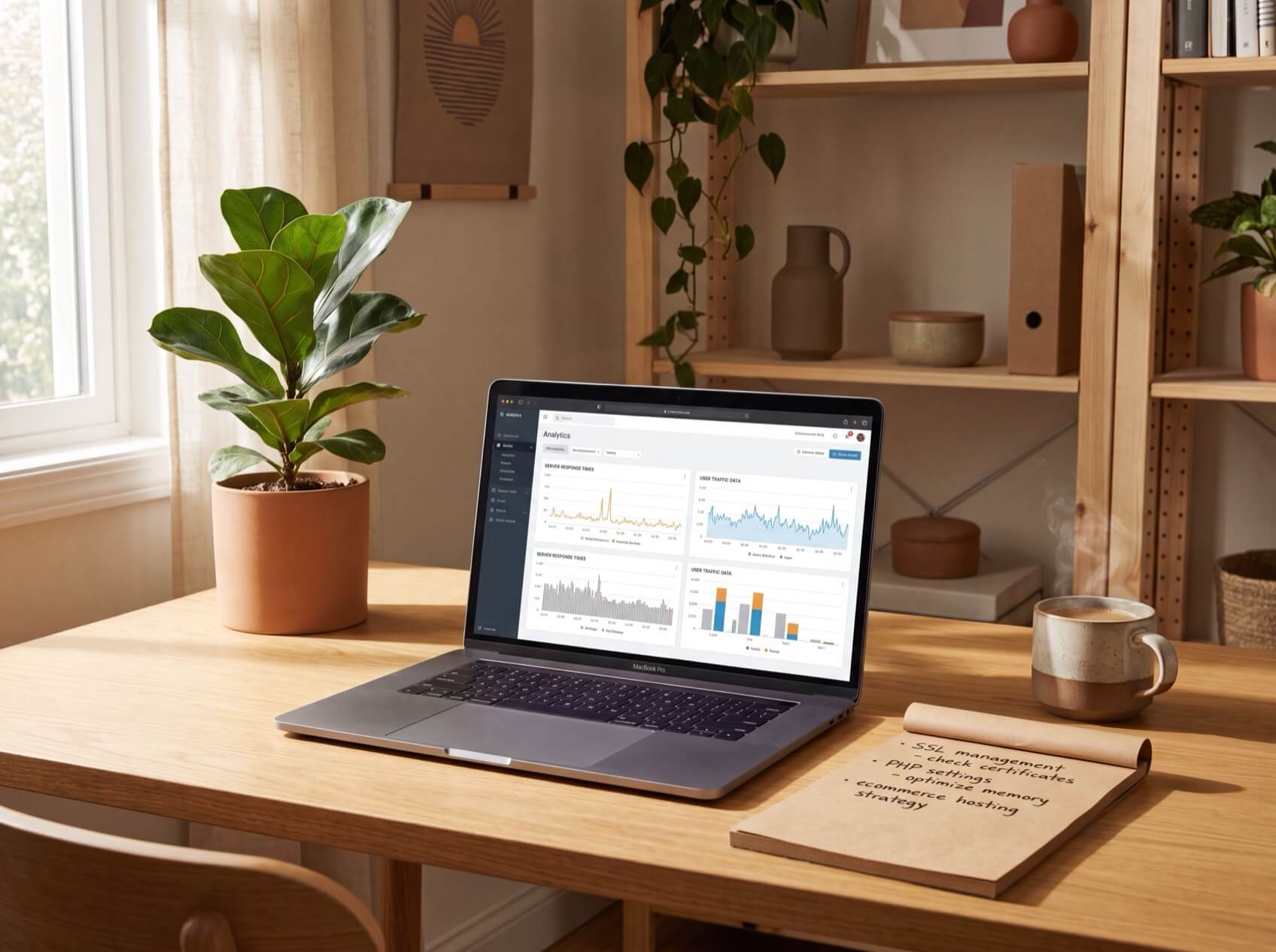 Laptop displaying analytics on a wooden desk with a potted plant, notebook, and steaming coffee cup nearby.