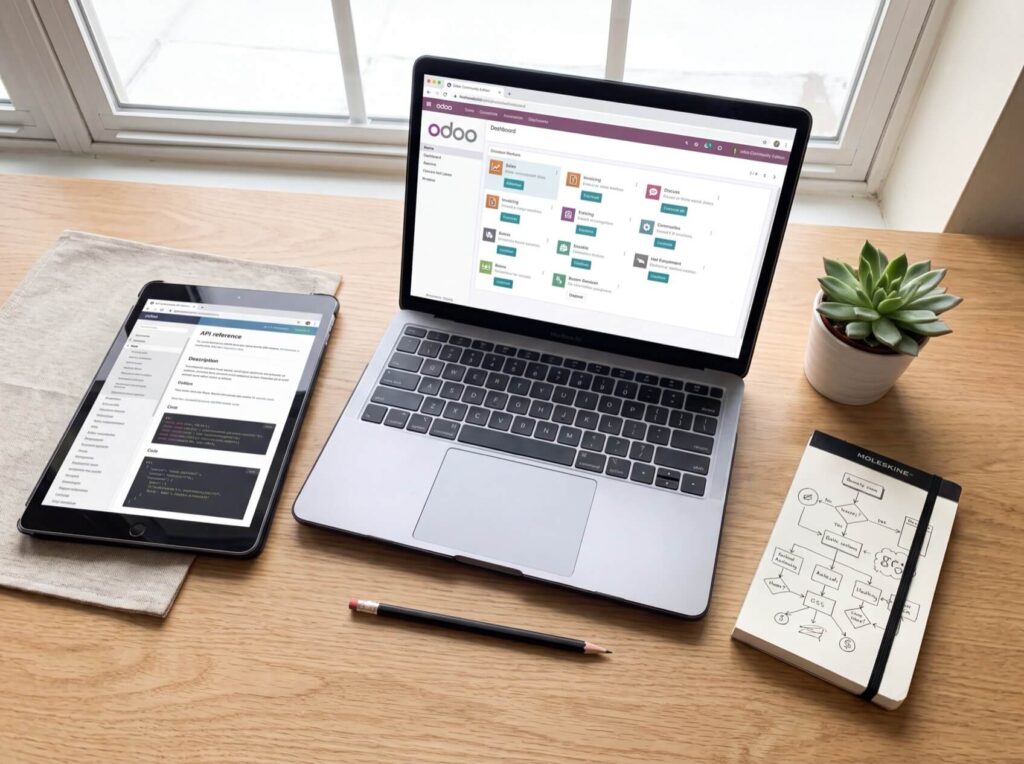 Laptop displaying Odoo dashboard, tablet with API reference, notebook with flowchart, pencil, and succulent on wooden desk.