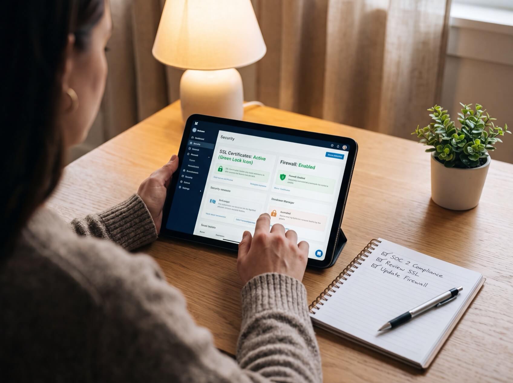 Person using a tablet displaying a security dashboard with SSL and firewall status. Notebook with checklist beside them.