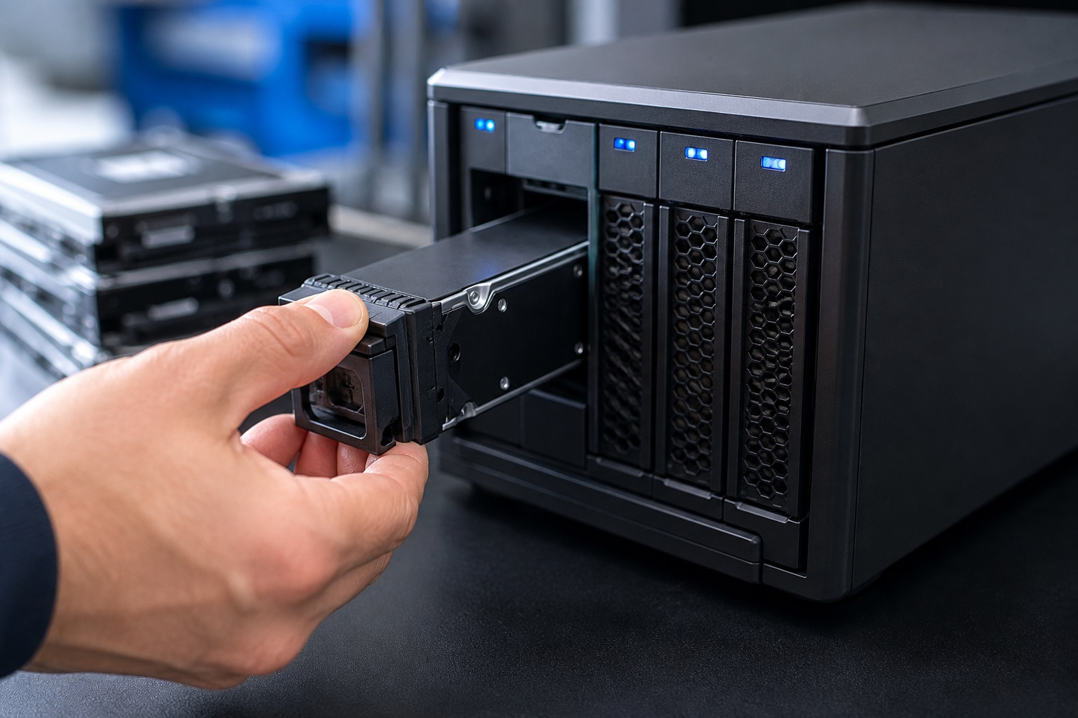 Technician inserting a backup drive into redundant storage before cloning a WordPress site.
