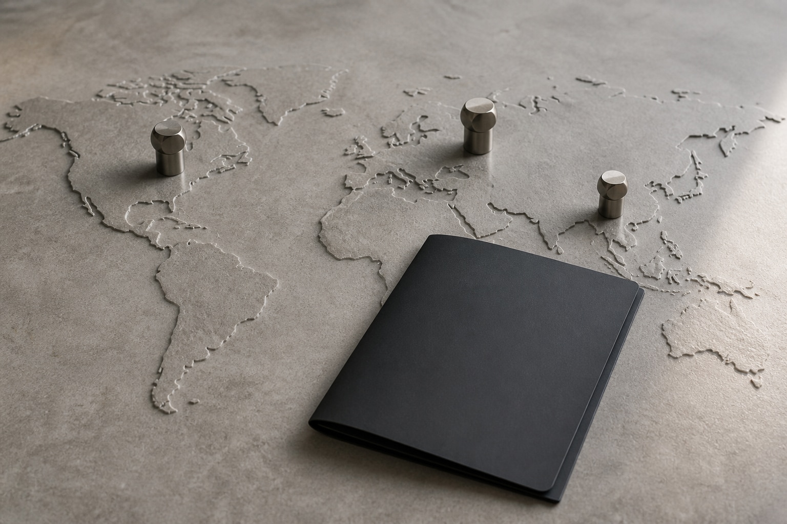 Unlabelled jurisdiction markers on a world map beside a closed privacy-planning folder.