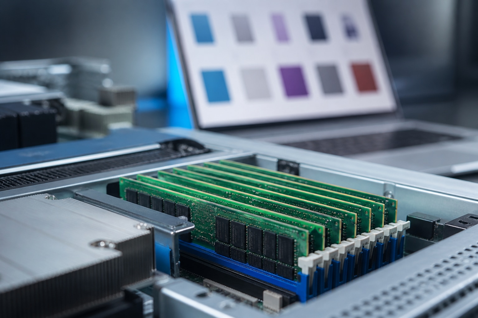 Server memory modules beside an abstract ecommerce interface for measured PHP worker capacity