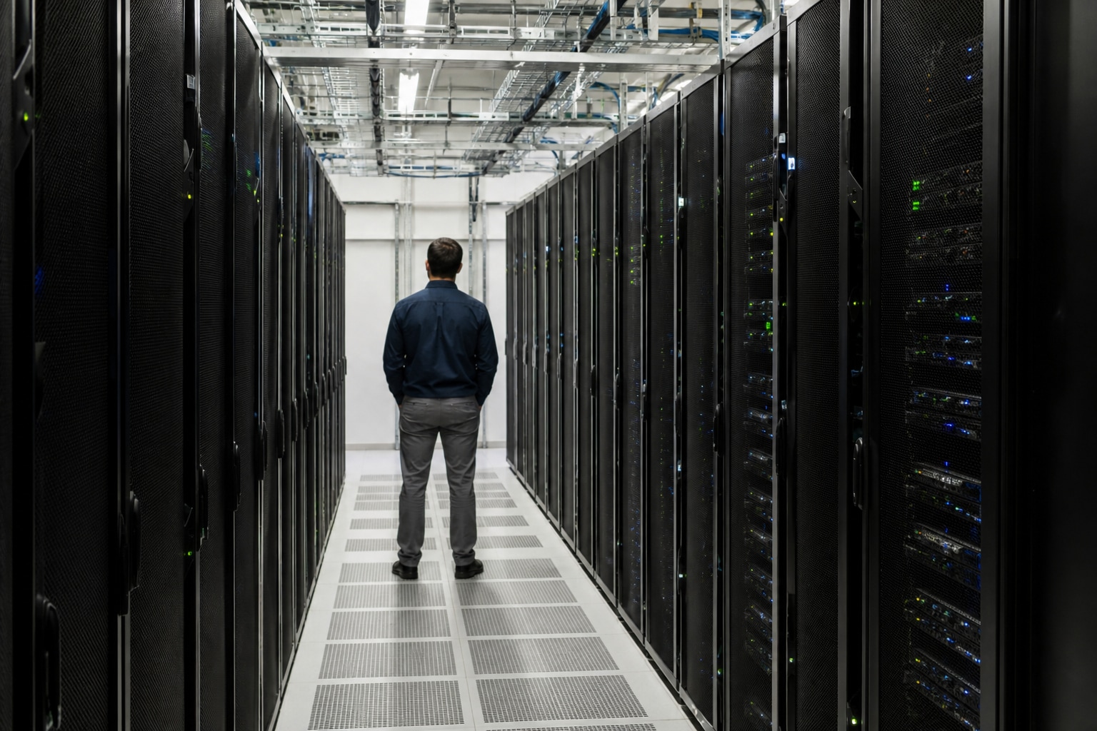 Systems engineer monitoring orderly server racks after a controlled deployment.